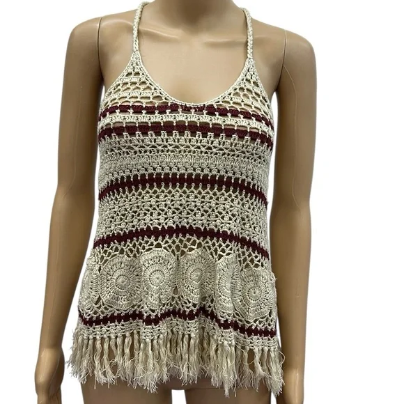 Full Tilt Cream Burgundy Boho Open Crochet Knit Cotton Blend Tank Top Womens XS - Picture 3 of 10
